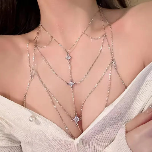 Luxury Square Crystal Multilayer Chest Chain GK1 – Silver Zircon